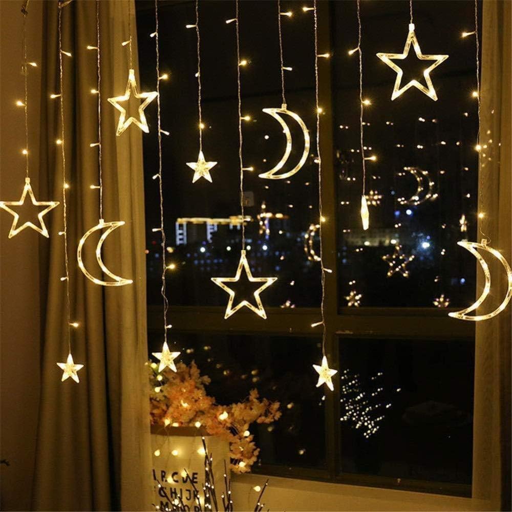 DREAMBURGH Star Moon Curtain Lights, 100 LED Moon Star Christmas String Lights Decoration for Wedding Christmas Tree Party Garden Indoor Outdoor, with US Plug, 8 Modes Lights - Warm White