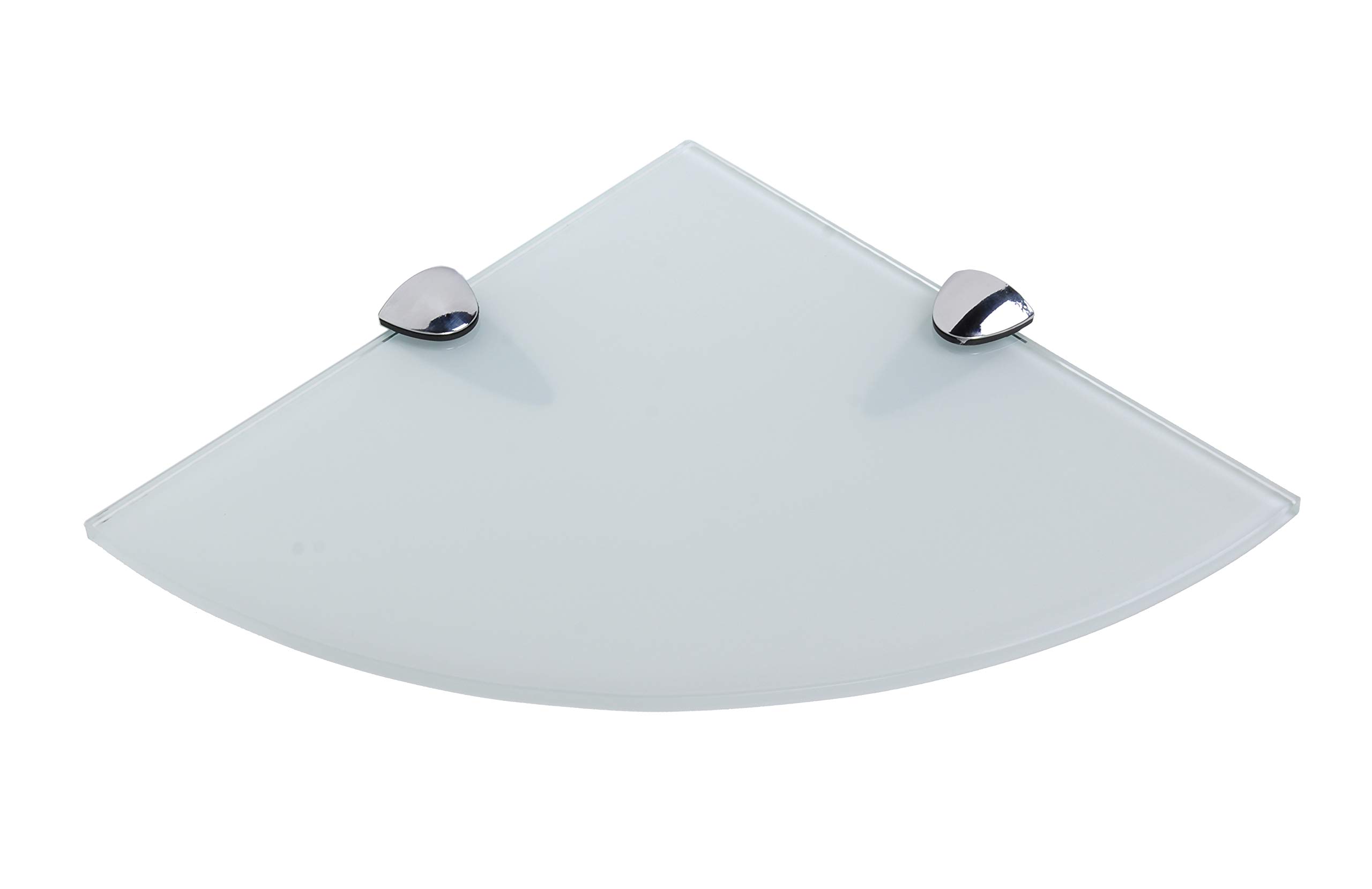 BSM Marketing Black, White or Clear 250mm (10“ approx) 6mm thickness Toughened Glass Corner Shelves for Bathroom Bedroom Kitchen Office with Large Chrome Finish Shelf Brackets Supports (White)