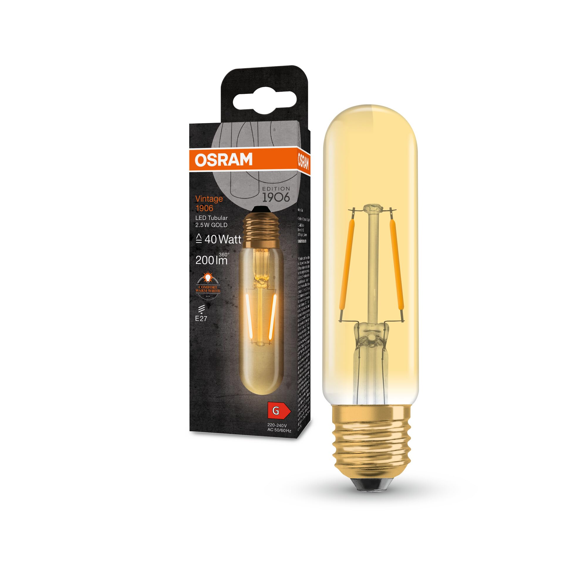 OSRAM Vintage 1906 Classic Tubular Fil Led Lamp, E27, Linear, Gold, 2.5W, 200Lm, 2000K, Warm White Comfort Light Color, Very Low Energy Consumption, Long Life