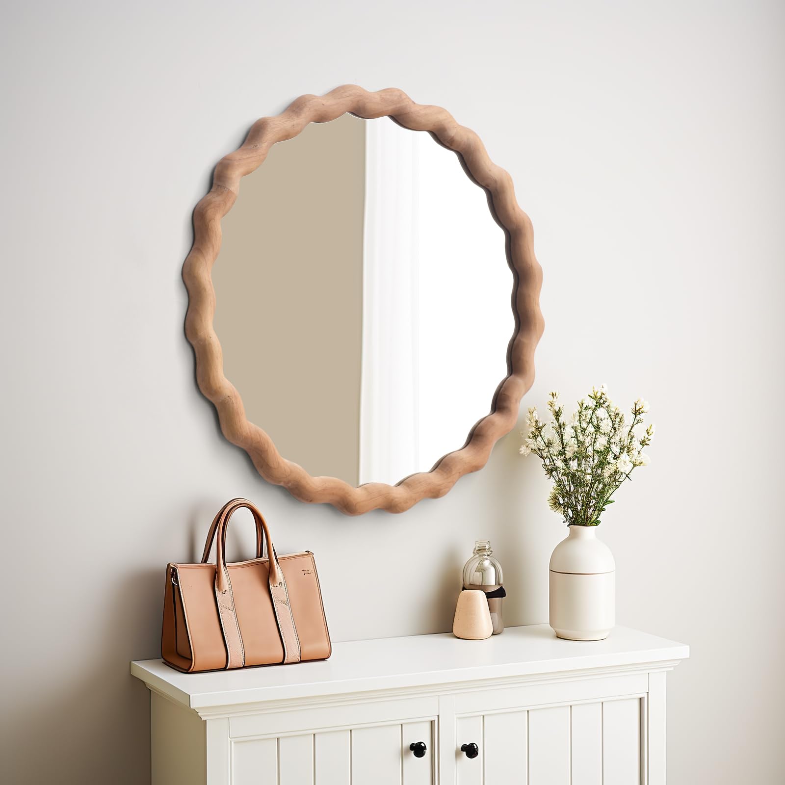 Photo 1 of sawsile Natural Wood Round Mirror 20" Decorative Rustic Large Circle Waved Irregular Farmhouse Mirror for Living Room, Fireplace,Hallway,Farmhouse