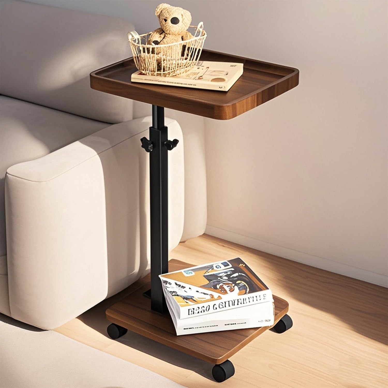 LBFXQサイドテーブル 昇降式テーブル サイドテーブル キャスター付き 360°回転 ソファーテーブル 高さ調節可能 移動便利 リビングルーム ベッドルーム C字型 組立簡単 小型家具 家用昇降式テーブル（ウォールナット色） の商品画像