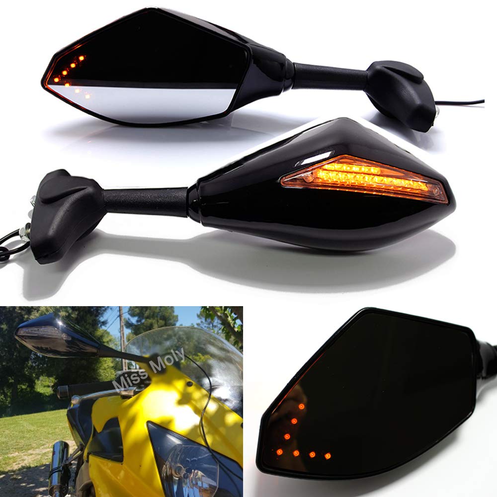 Black Motorcycle Turn Signal Rearview Mirror with LED Arrow Indicator For CBR GSXR YZF(Gloss Black+Smoke Lens)