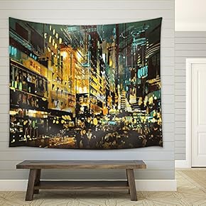 Night Scene Cityscape,Abstract Art Painting - Fabric Wall Tapestry Home Decor - 51x60 inches
