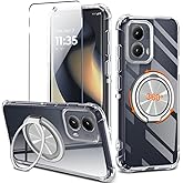 Compatible for Motorola Moto Edge 2024 Phone Case with Glass Screen Protector 360° Rotatable Ring Holder Kickstand [Non Yellowing] Transparent 4 Corners Shockproof Protective Cover Case - Clear