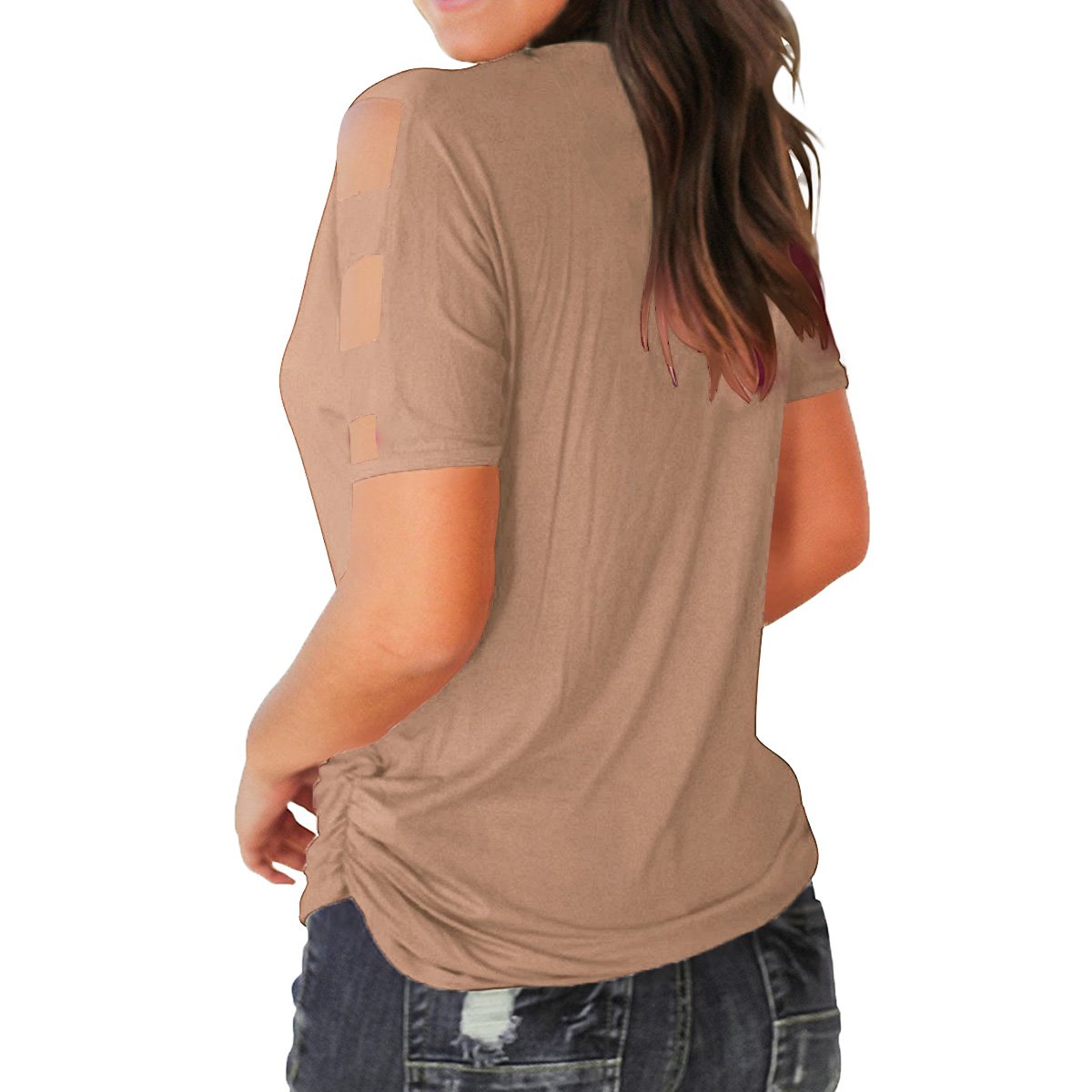 Eanklosco Women\'s Long Sleeve V Neck Cold Shoulder Cut Out T Shirts Casual Tunic Tops (L/UK 12, Light Coffee-Short)