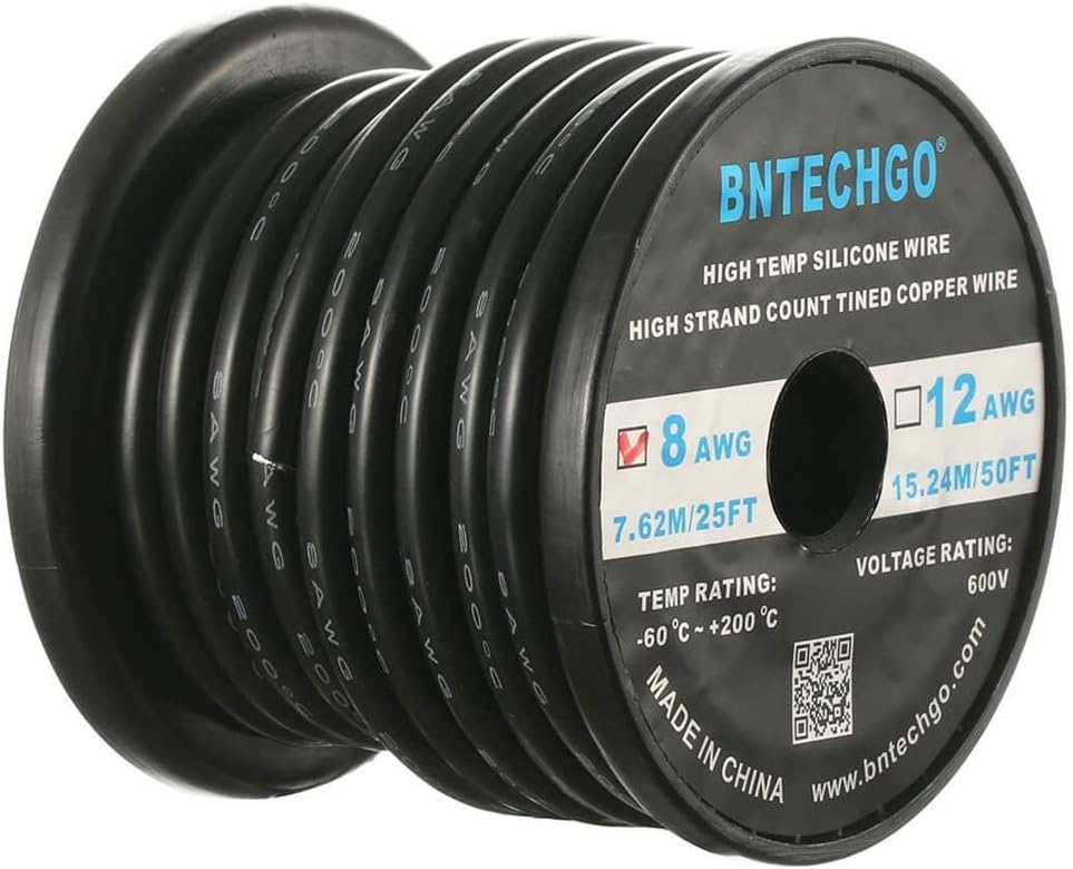 BNTECHGO 8 Gauge Silicone Wire Spool Black 25 ft Ultra Flexible High Temp 200 deg C 600V 8 AWG Silicone Rubber Wire 1650 Strands of Tinned Copper Wire Stranded Wire for Model Low Impedance