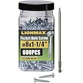 LIONMAX Pocket Hole Screws 1-1/4 Inch, 600 PCS Interior Pocket Screw #8 x 1-1/4", Coarse Thread, Square Drive, Washer Head, Zinc Plated, 150MM Drive Bit Included
