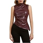 MakeMeChic Women's PU Leather Tank Top Mock Neck Y2k Ruched Party Sleeveless Leather Tops