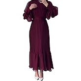 Sexyshine Women's Mock Neck Long Sleeve Full Pleated Chiffon Maxi Dress High Waist Belted A Line Cocktail Party Long Dress