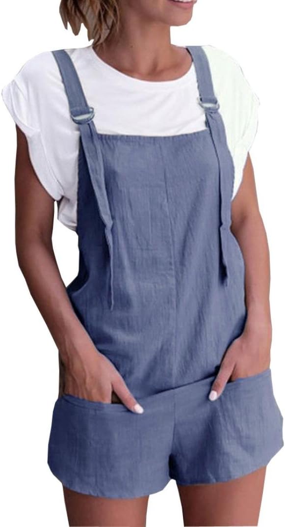 Women Overalls and Jumpers Elastic Waist Dungarees Linen Cotton Pockets Rompers Jumpsuit Denim Shorts Pants