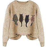 WDIRARA Women's Cat Graphic Sweater Long Sleeve Crew Neck Knit Tops Casual Knitwear
