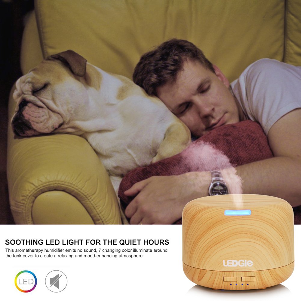 Ledgle Wood Grain Essential Oil Aroma Diffuser Whisper Quiet Cool Mist Air Purifier Ultrasonic Humidifier with 7 Color LED Lights Changing and 4 Timer Settings, Waterless Auto Shut-off - 400ml …