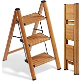 SOLADDER 3 Step Ladder, Lightweight Folding Step Stool, Woodgrain | Anti-Slip 7.9'' Wide Pedal;Space-Saving;For Kitchen, Home, Library, Office Use;300lbs Capacity