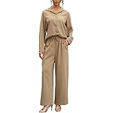 kaimimei Women's Linen 2 Piece Outfits Loungewear Set Button Down Shirt Wide Leg Pants with Pockets Comfortable Casual