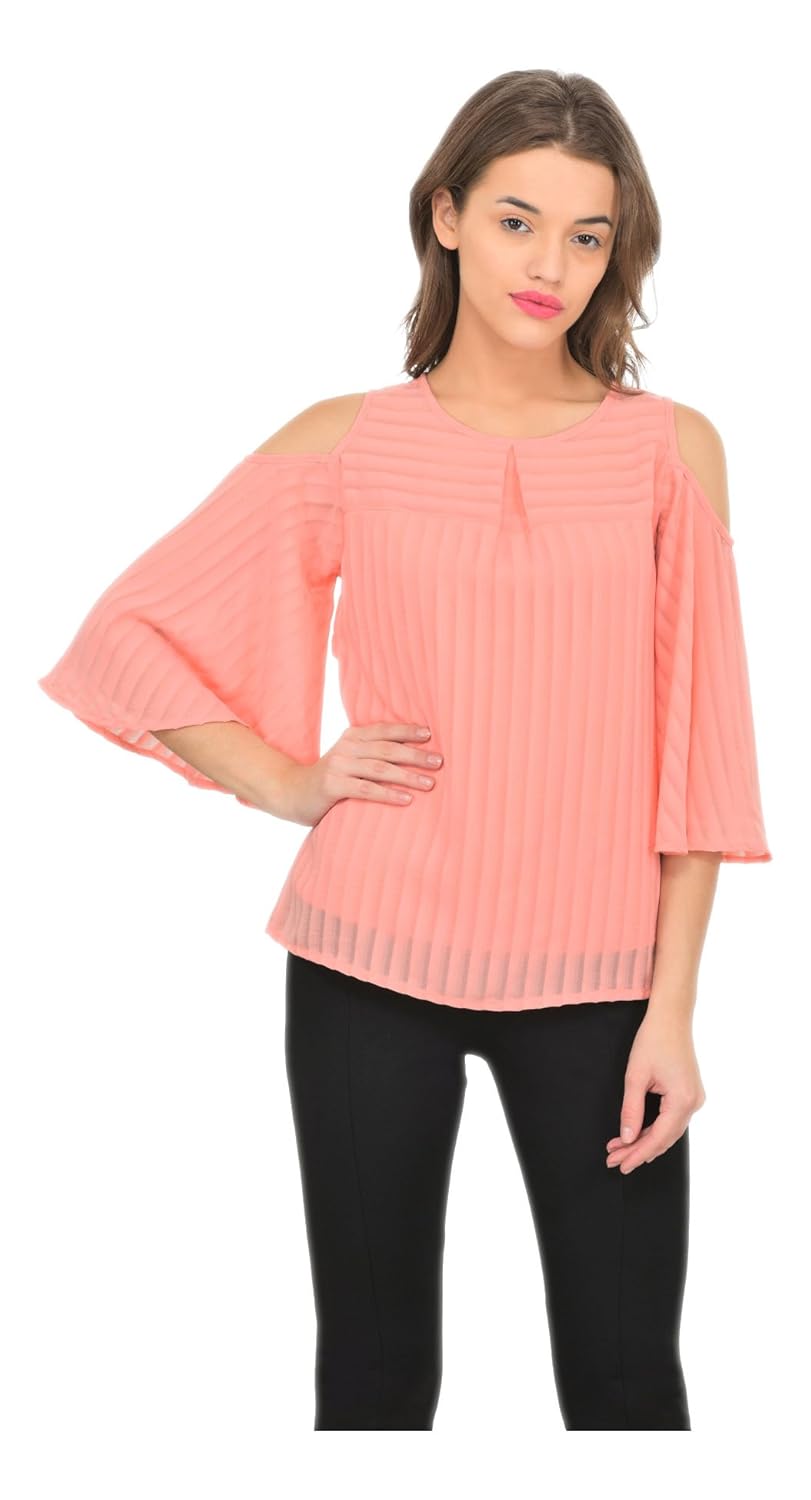 marie claire women peach-coloured georgette self-striped cold shoulder top (mc10270b)