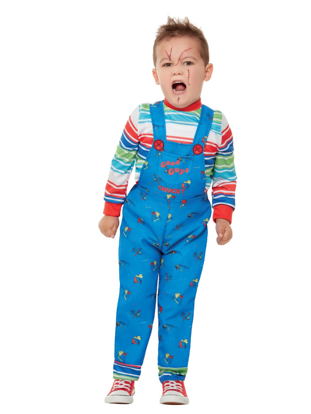 Smiffys Chucky Costume in Blue for Kids, Dungarees and Top, Officially Licensed, Iconic Blue Dungarees and Striped Top, Ideal for Halloween and Matching Family Fancy Dress