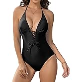 Cromi Women Sexy One Piece Swimsuit Lace Up Swimwear Plunge V Neck Bathing Suits Halter Neck