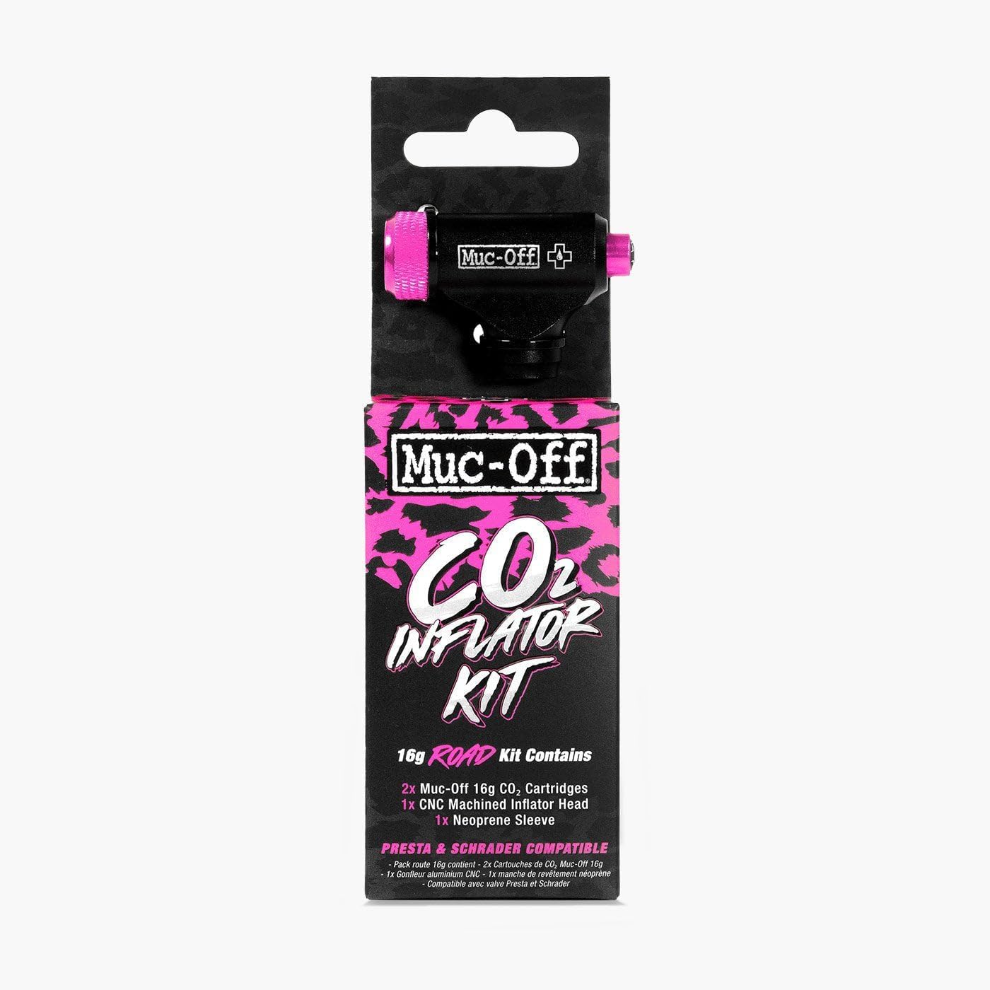 Muc-Off Inflator Kit - CO2 Puncture Repair Kit for Road Bikes - 2 Cartridges, CNC Inflator Head, Neoprene Sleeve - Fits Presta and Schrader Valves - Road