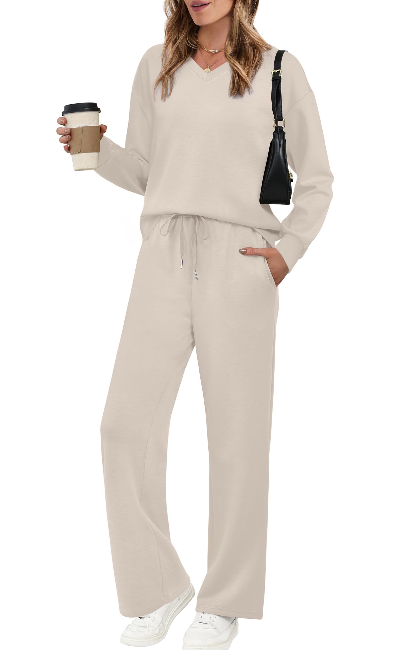 Photo 1 of Lounge Sets for Women Airport Travel Outfits 2 Piece Sets for Women Sweatsuits Comfy Matching Set Women's Clothing Fall Fashion 2025 Two Piece Vacation Clothes Wide Led Pants Loungewear Beige XL