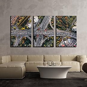Eagle Eye View of Crisscross Overpass Cityscape x3 Panels