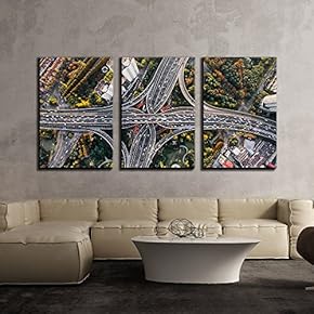 3 Piece Canvas Wall Art - Eagle Eye View of Crisscross Overpass,Cityscape - Modern Home Art Stretched and Framed Ready to Hang - 16"x24"x3 Panels