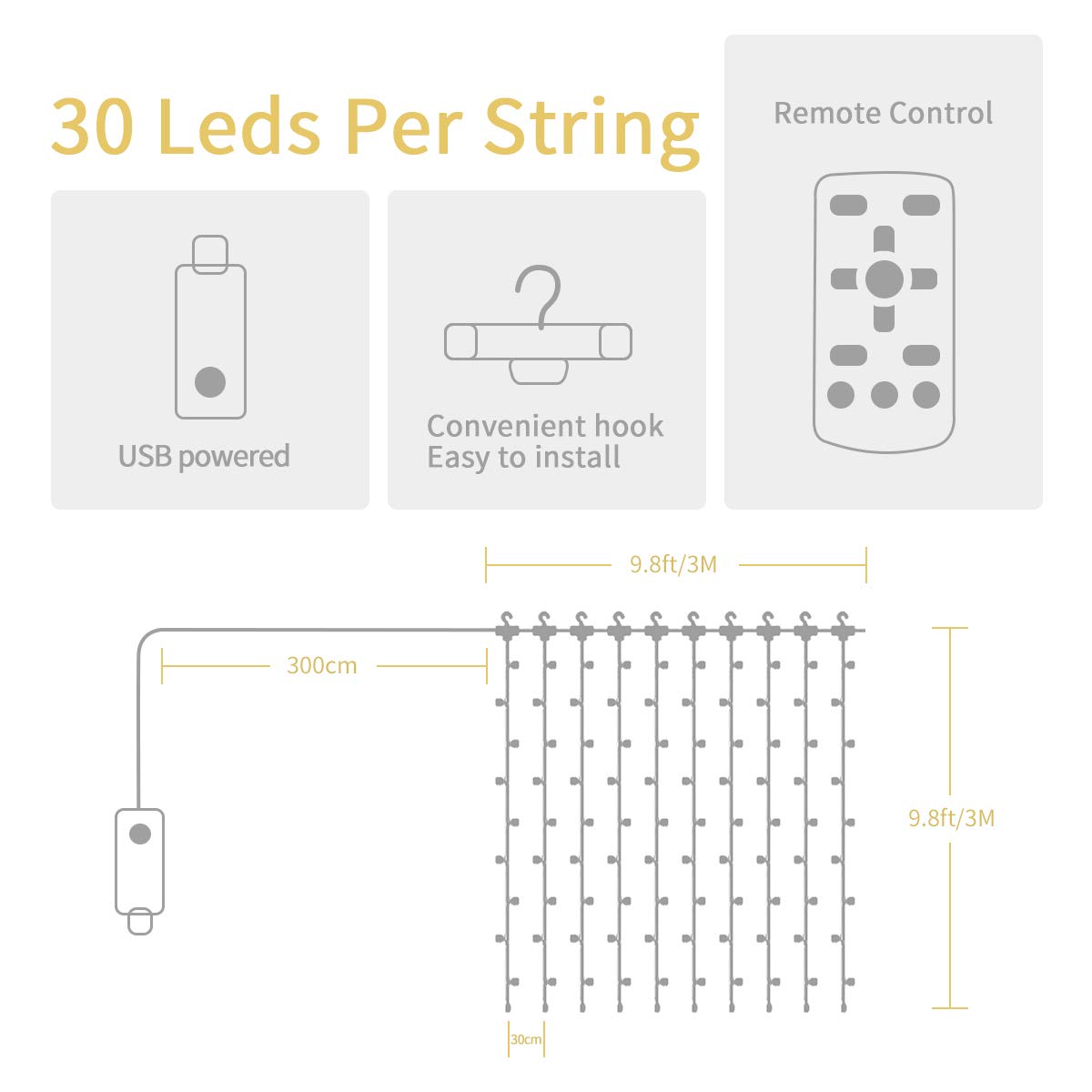 Twinkle String Lights with Remote Control Timer 300 Led USB Powered for Window Curtain Christmas Wedding Party Home Garden Patio Decoration Fairy Lights 118in x 118in (Warm Light)