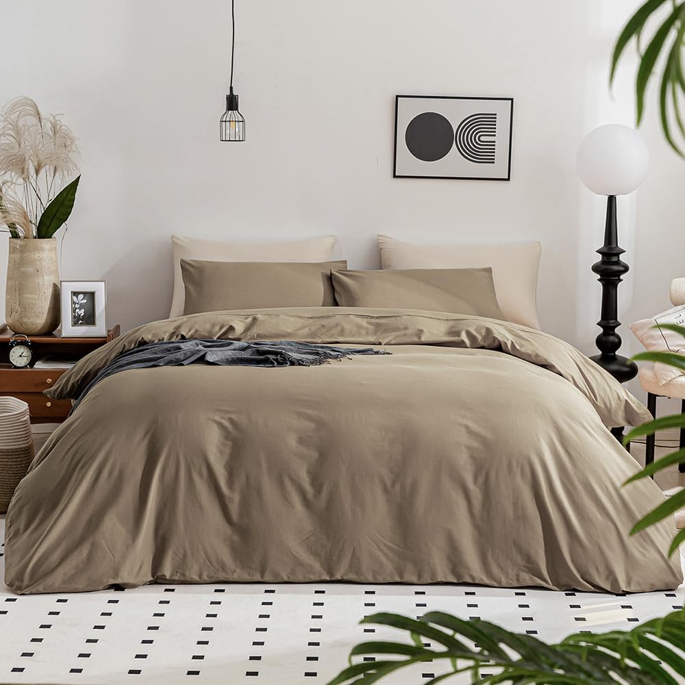 Photo 1 of JELLYMONI Khaki Bedding Duvet Cover Set - 100% Washed Cotton Linen Like Textured California King Comforter Cover, 3 Pieces Soft Bedding Set with Zipper Closure (Khaki, Cal King 104"x98")