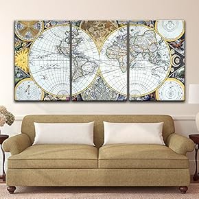 3 Panel Canvas Wall Art - Vintage World Map - Giclee Print Gallery Wrap Modern Home Art Ready to Hang - 16"x24" x 3 Panels