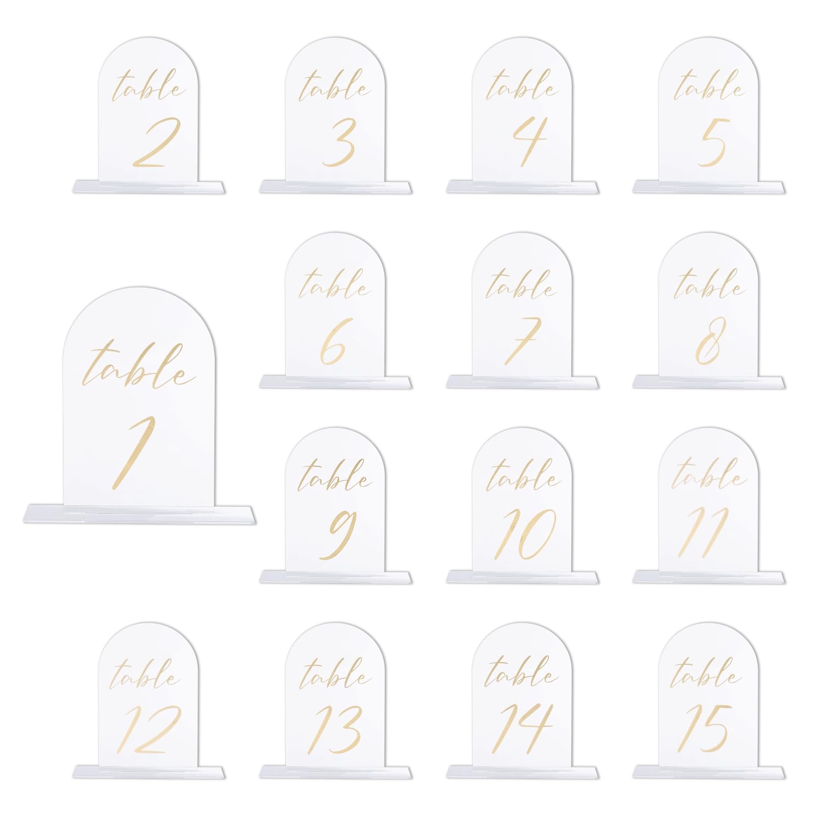 PATIKIL Wedding Table Numbers 1-15, 6"x4" Acrylic Display Signs and Holders for Weddings Receptions with Stands Parties Events Centerpiece, Transparent Background Gold Text