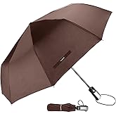 TradMall Travel Umbrella Windproof with 46 Inches Large Canopy 10 Reinforced Fiberglass Ribs Ergonomic Handle Auto Open & Close, Brown