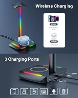 New Bee RGB Headphone Stand Wireless Charger 2 USB-C 1 USB Black Gaming Headset view 3