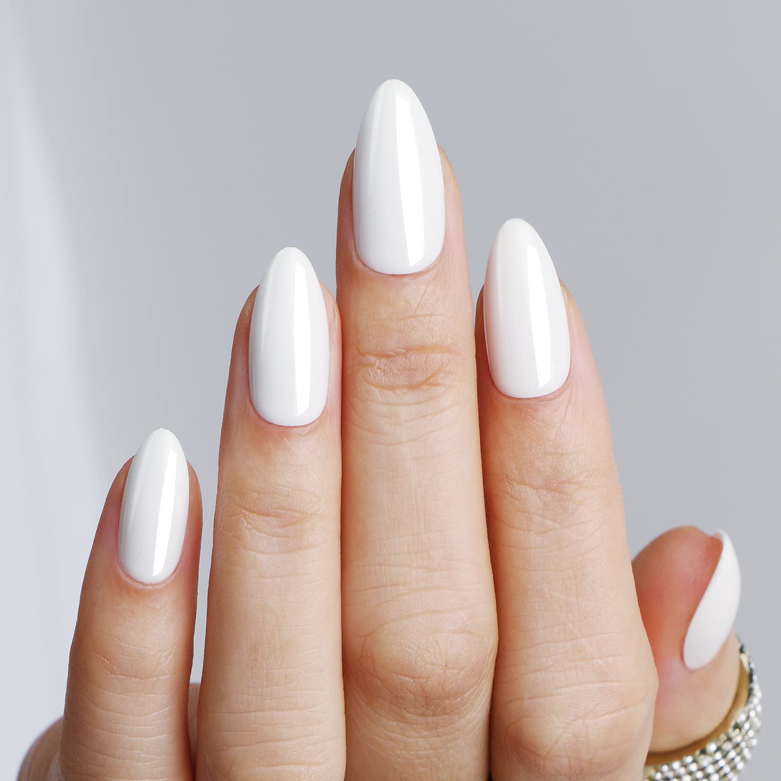 Polychrome&air Press On Nails Medium Almond ABS Natural Fit Fake Nails with Jelly Glue Reusable Manicure Glue On Nails Women and Girls False Nails UV Gel Cover Glossy Nails 15Sizes 30PCS（Pearl White）