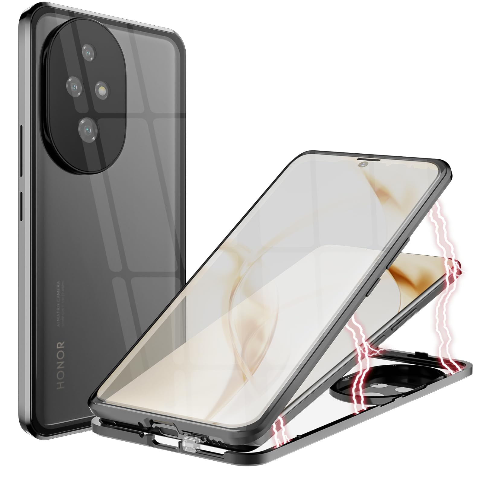 ANFAIRLACE Case Compatible with Honor 200, Magnetic Adsorption 360 Protection Front Back Tempered Glass Aluminum Frame Cover Shockproof Transparent Case, Black