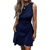 Mieazom Women's Casual Dress Summer Sleeveless Ruched Waist Elegant Pleated Slim-Fit Mini Dresses with Pockets