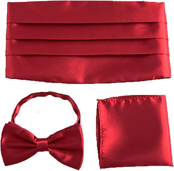 Mens Solid Satin Bow Tie & Pocket Square & Cummerbund SetRed