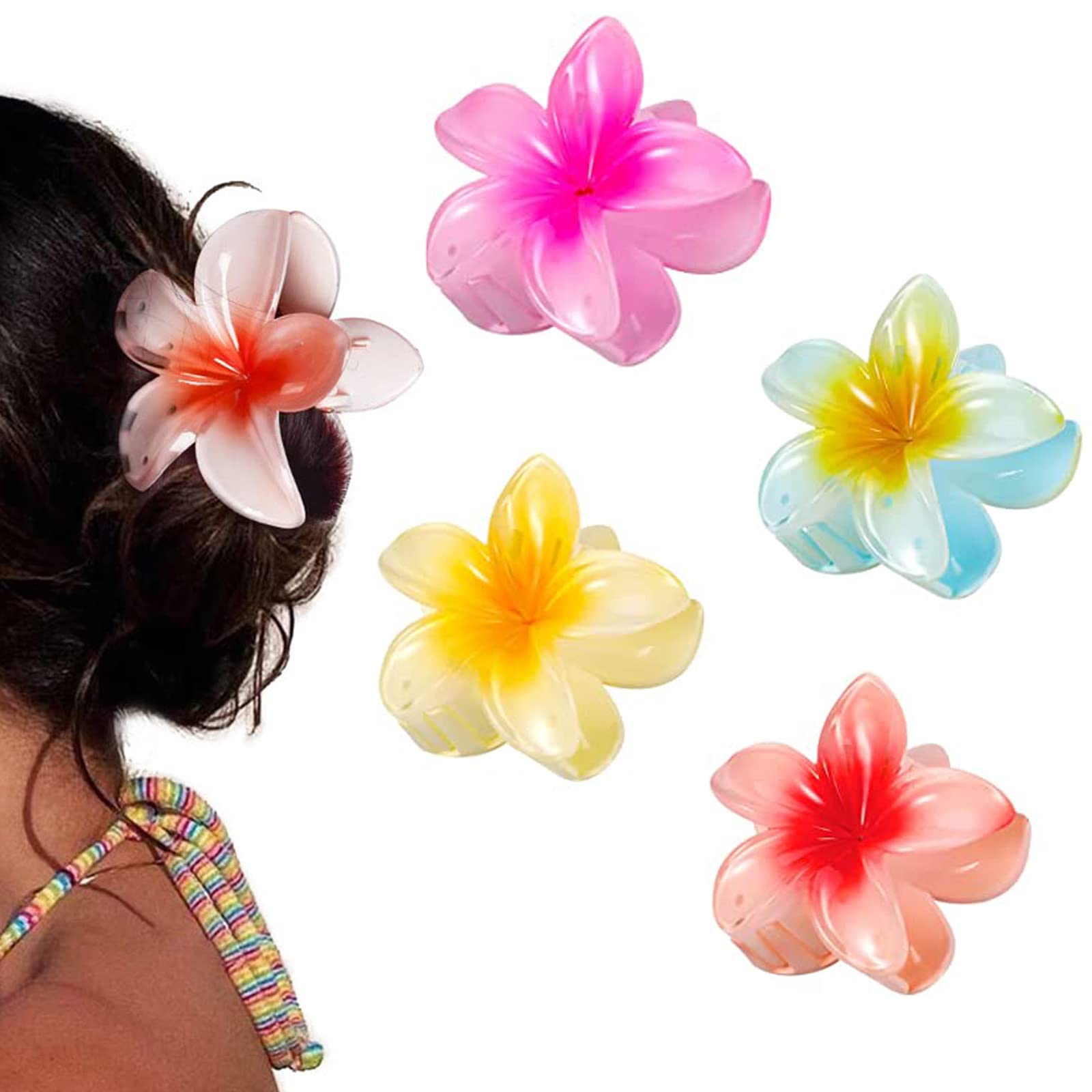 YIHECWY 4 Pieces Plumeria Flower Hair Claw Clips Acrylic Hair Jaw Clips Hawaiian Hair Claw Clips Jaw Clip Barrettes Strong Hold Hair Jaw Clamps for Women and Girls, Pack of 1
