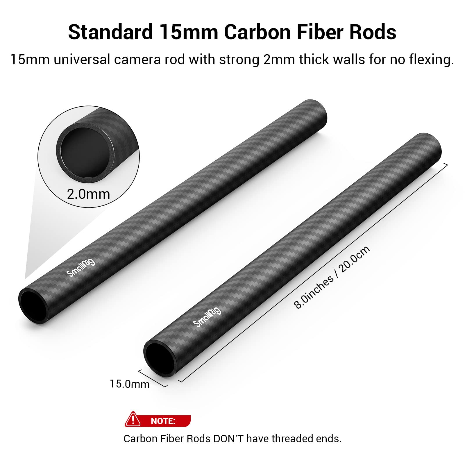 SMALLRIG 15mm Carbon Fiber Rod for 15mm Rod Support System (Non-Thread), 8 inches Long, Pack of 2
