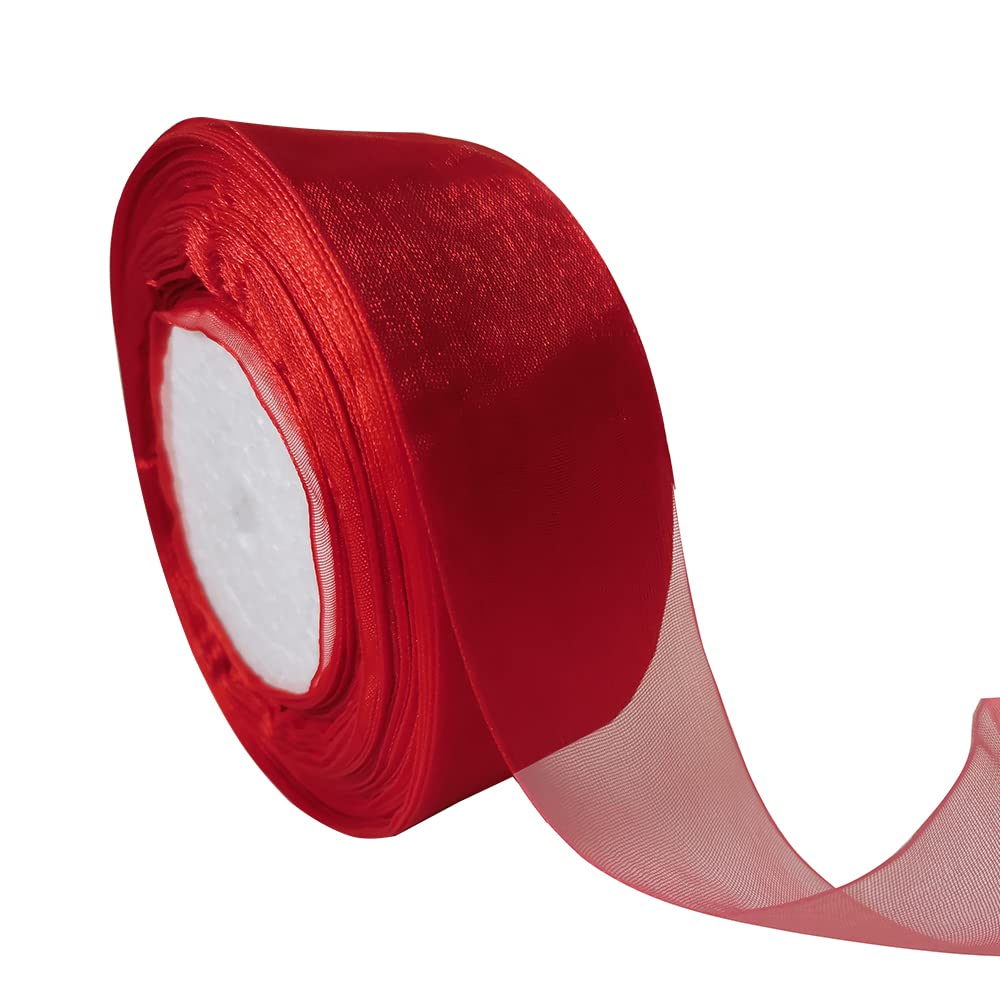 Dishaur Christmas Organza Ribbon for Gift Wrapping 38mm x 45m, Red Sheer Organza Ribbon for Xmas Tree, Bows and Crafting