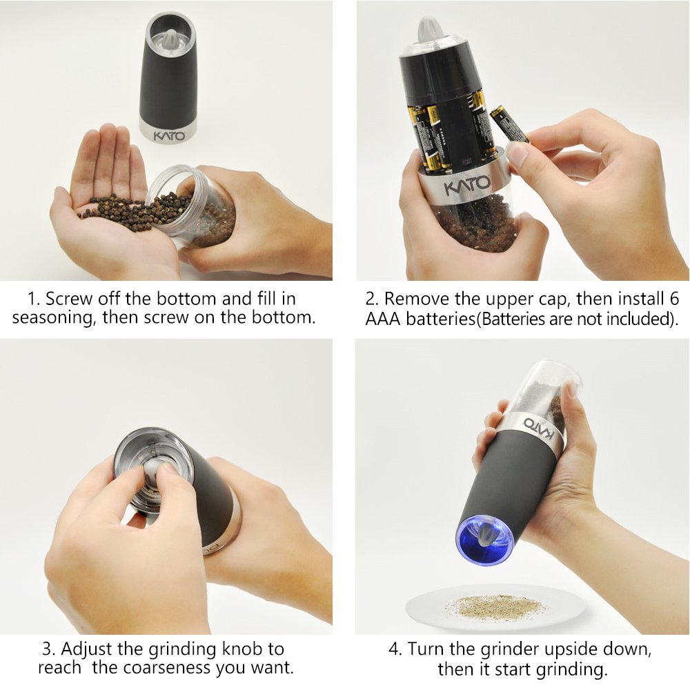 Kato Gravity Electric Salt and Pepper Grinder Set of 2 - Automatic Operation, Battery Powered, Blue LED Light - Adjustable Ceramic Grinding Coarseness Mills with Free Garlic Peeler, Black