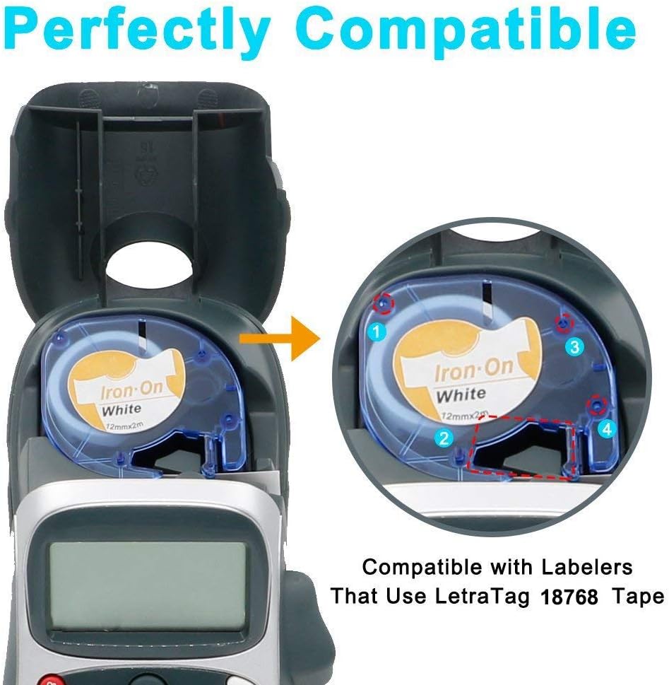 compatible con impresoras Dymo LetraTag de 12 mm x 2 m Paquete de 4  etiquetas de tela 18768 S0718840 S0718850 para planchar ropa y textiles  NineLeaf impresión negra sobre blanco Etiquetas adhesivas