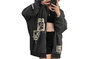 Meiweileya Women's Y2K Grunge/Goth Skull Graphic Zip Up Hoodie Anorak Coat, Black