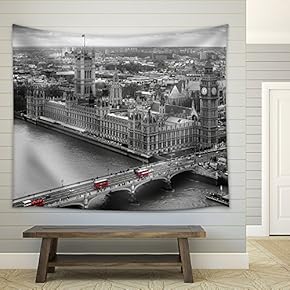 Black and White Aerial View of The Houses of Parliament with Selective Colour Red London Buses - Fabric Wall Tapestry Home Decor - 51x60 inches
