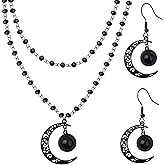 AGNURCADE Gothic Y2K Moon Jewelry Set: Layered Black Beaded Necklace & Dangle Earrings – Witchy Halloween Accessories for Women