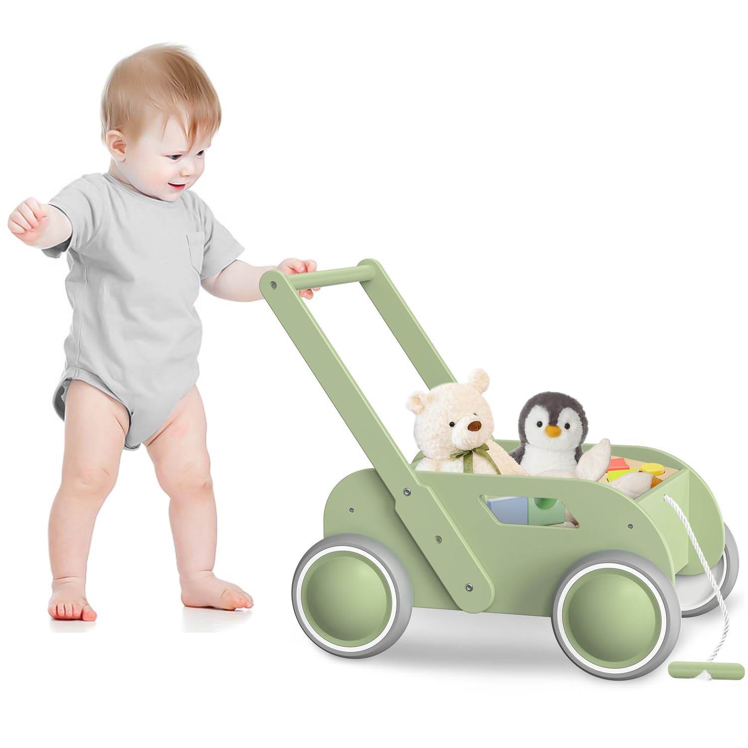 Photo 1 of Wooden Baby Walker for Infants to Toddler, Baby Push Walker with Wheels for Boys Girls, Toys Gift for Birthday Christmas New Year, Wooden Green