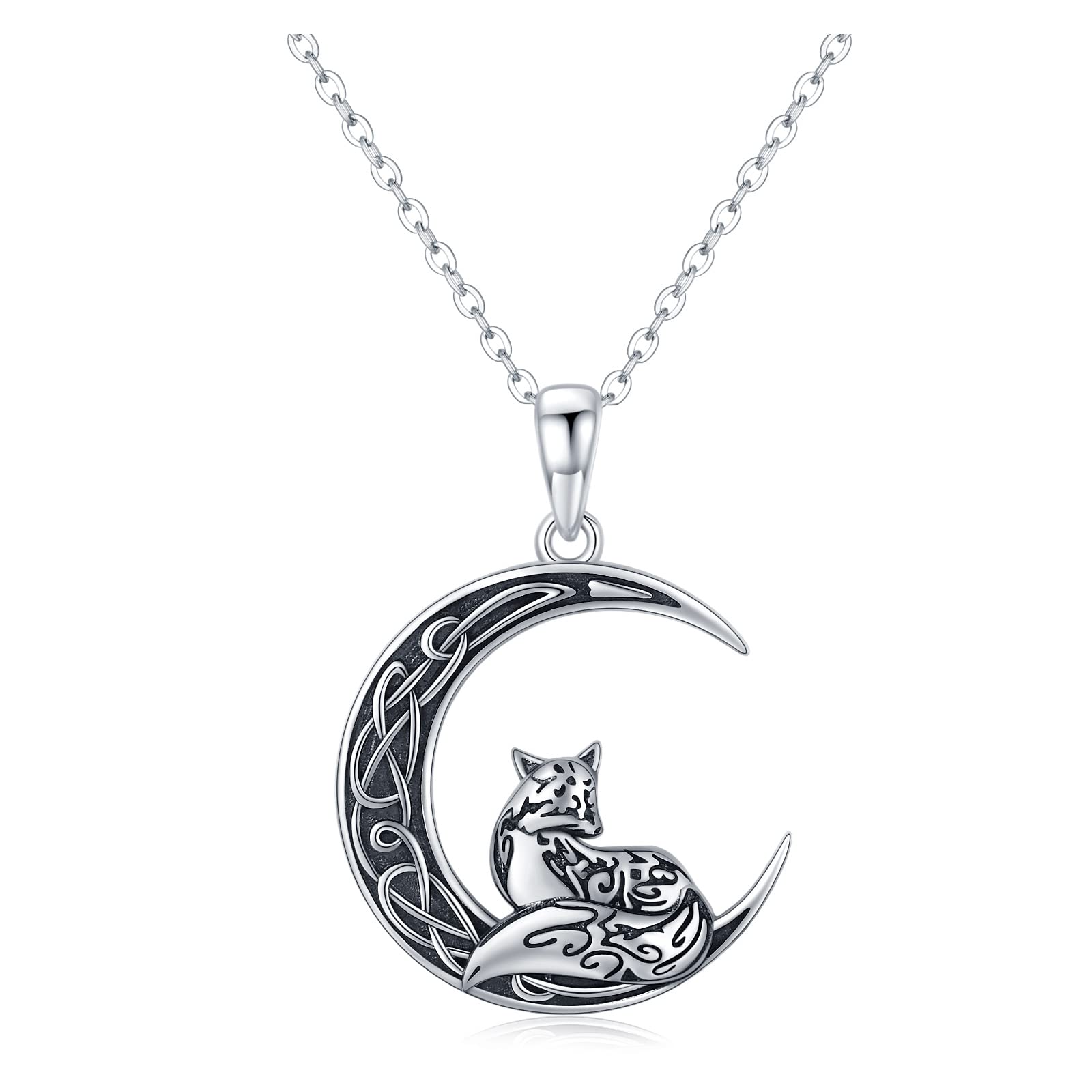 Midir&Etain Fox Necklace for Women 925 Sterling Silver Celtic Moon Pendant Necklace Animal Jewellery Gifts for Girls Girlfriend