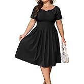 D.Q.RZhong Womens Plus Size Summer Dresses Off Shoulder Short Sleeve A-Line Wedding Guest Swing Waist Midi Dress with Pockets