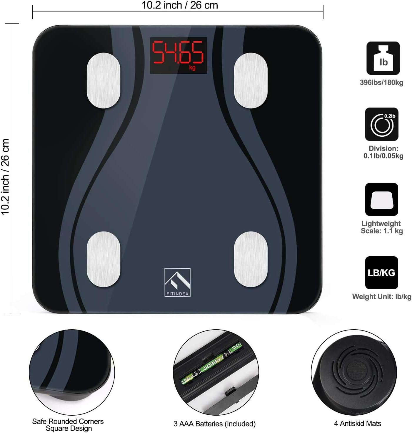 FITINDEX Smart Bluetooth Body Fat Scale with Upgraded App, High Precision Bathroom Scales Digital Weight and Body Fat Body Composition Monitor, 396lb/180kg, Black: Health & Personal Care