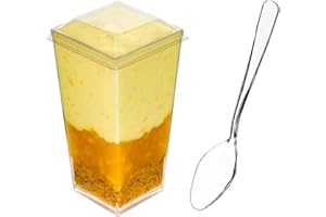 DLux 100 x 3 oz Mini Dessert Cups with Spoons and Lids,Square Tall- Clear Parfait Appetizer Cup Small Reusable Serving Bowl f