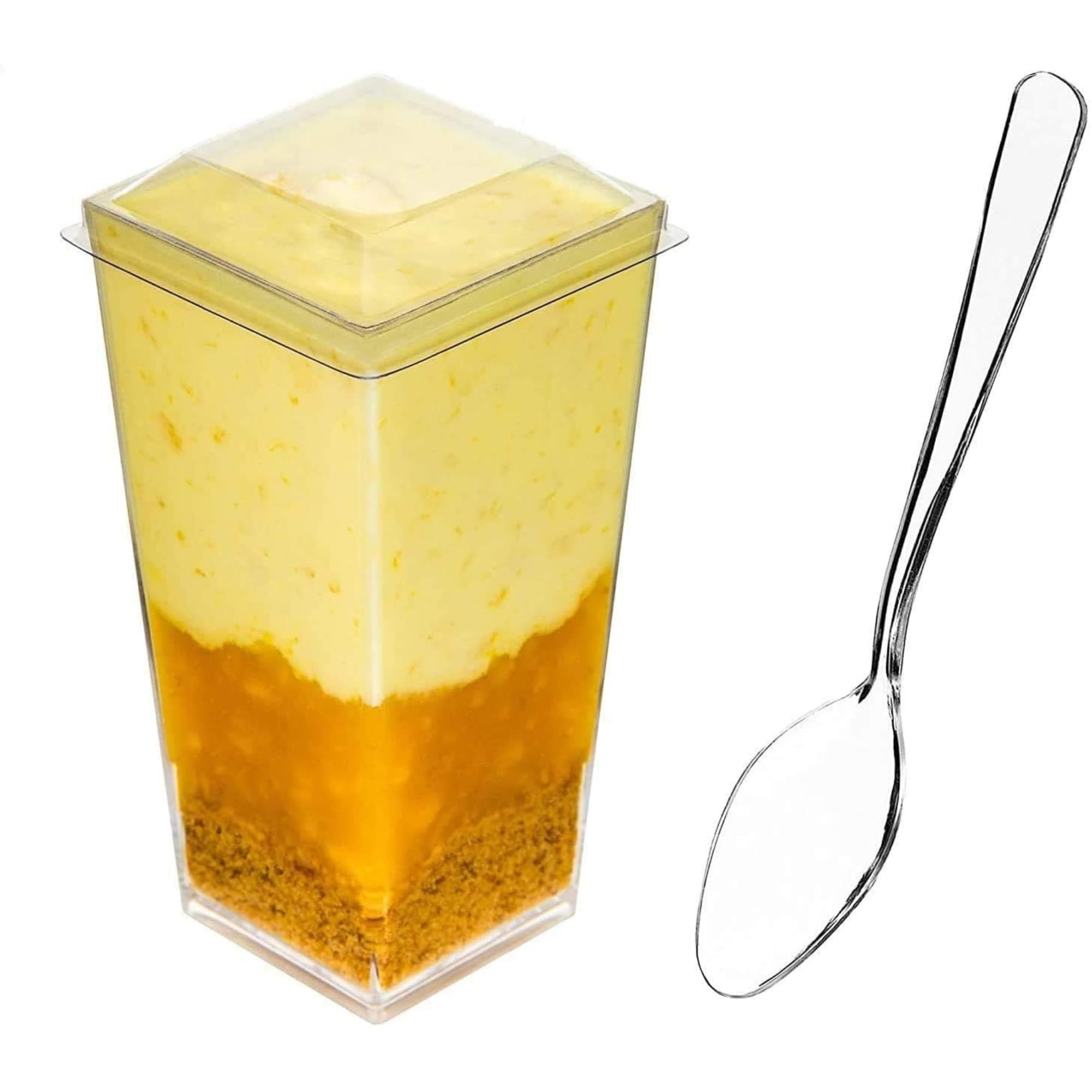 DLux Dessert Cups with Lids & Spoons, 90 ml - Clear Plastic Parfait Appetizer Cups, Square Tall Reusable Shot Glass Bowl for Party Desserts Appetizers - with Recipe Ebook