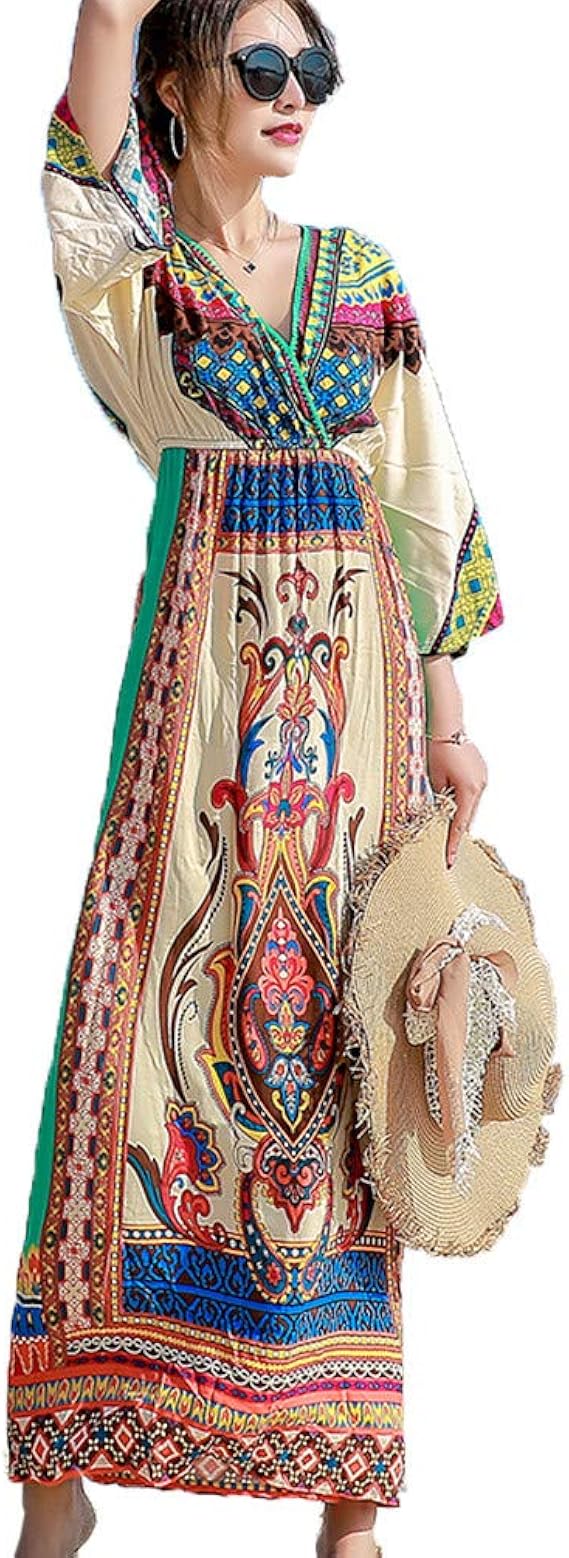Amazon Co Jp 美しいです 民族風 マキシワンピース ボヘミアンスカート リゾート ミモレ丈スカート ビーチワンピース 花柄 ワンピース 服 ファッション小物